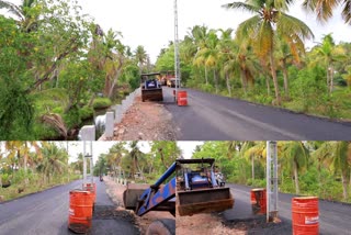 Power post in the middle when road  road work  transport  officials negligence  റോഡ് പണി പൂര്‍ത്തിയായപ്പോള്‍ നടുവില്‍ വൈദ്യുതി പോസ്റ്റ്  അനാസ്തയെന്ന് ആരോപണം  കിഫ്ബി