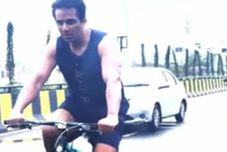 Sonu Sood cycles her way to Acharya film set