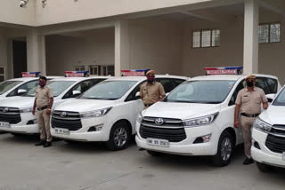 five police cars ready for medical emergency service in panipat