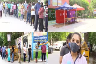 long queue of people in front of the vaccination centre