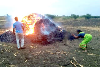 farmer woman tries to extinguish fire