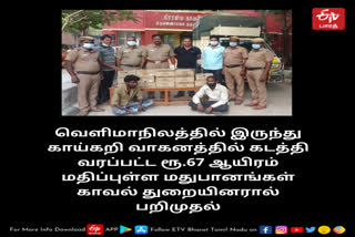 Seizure of 67,000 worth of foreign liquor in Thiruvannamalai  thiruvannamalai news  thiruvannamalai latest news  foreign liquor  திருவண்ணாமலையில் 67 ஆயிரம் மதிப்பிலான வெளிமாநில மதுபானம் பறிமுதல்  crime news  திருவண்ணாமலை செய்திகள்  காவல் துறையினர்  குற்றச் செய்திகள்