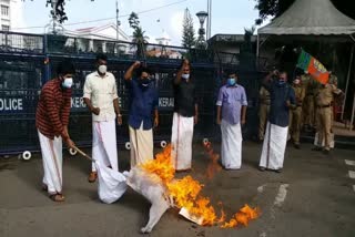 Yuva Morcha protests against CM  മുട്ടിൽ വനംകൊള്ള  Yuva Morcha  മുഖ്യമന്ത്രിയുടെ കോലം കത്തിച്ച് യുവമോര്‍ച്ച  യുവമോര്‍ച്ച  മുഖ്യമന്ത്രി