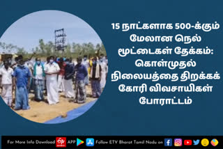 farmer protest  pudukottai farmer protest  paddy procurement station  farmer protest to open paddy procurement station in pudukottai  pudukottai news  pudukottai latest news  புதுக்கோட்டை செய்திகள்  புதுக்கோட்டை நெல் கொள்முதல் நிலையம்  கொள்முதல் நிலையத்தை திறக்கக் கோரி விவசாயிகள் போராட்டம்  விவசாயிகள் போராட்டம்