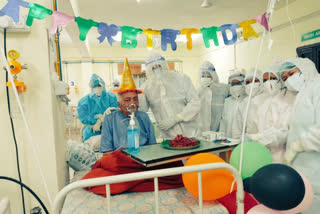 Birthday surprise for 93-year-old COVID patient in ICU  KIMS Covid Hospital in Balangir, Odisha  Odisha News  Gopabandhu Mishra  ICU  District Magistrate of Balangir  Frontline Warriors  കൊവിഡ് ആശുപത്രിയിൽ ജന്മദിനം  കൊവിഡ് ആശുപത്രിയിൽ ആഘോഷം  93കാരന്‍റെ ജന്മദിനാഘോഷം  കിംസ് ആശുപത്രിയിൽ ജന്മദിനാഘോഷം  കൊവിഡ് ഐസിയുവിൽ ജന്മദിനം ആഘോഷിച്ച് 93കാരൻ