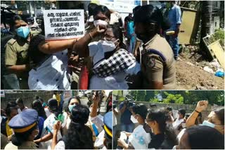 Vandiperiyar child's death  Vandiperiyar child's death news  Mahila congress protest  Vanitha commission office Thiruvanathapuram  Mahila congress protest Thiruvanathapuram  വണ്ടിപ്പെരിയാർ ബാലികയുടെ കൊലപാതകം  മഹിള കോൺഗ്രസ് സമരത്തിനിടെ ഉന്തും തള്ളും  ബാലികയെ പീഡിപ്പിച്ചു കൊലപ്പെടുത്തിയ സംഭവം  ബാലാവകാശ കമ്മിഷൻ ഓഫീസിന് മുന്നിൽ സമരം