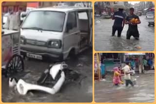 rainwater filled the road of najafgarh market