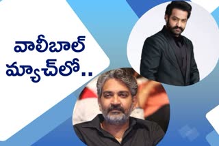 Jr NTR and SS Rajamouli play volleyball with RRR team on sets
