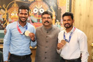 Union Education Minister Dharmendra Pradhan felicitated Indian men's hockey team players Birendra Lakra and Amit Rohidas