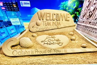 Int'l Sand Artist  Sudarsan Pattnaik's sand art at the Biju Patnaik International Airport to welcome Indian Hockey teams tomorrow in Bhubaneswar.