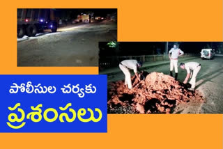 ఫ్లై ఓవర్ వంతెనపై గోతులను పూడ్చిన పోలీసులు