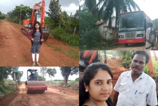 Bus arrives to the village of a young woman who refused to get marry until her village get road  ബിന്ദുവിന് ഇനി കല്യാണം കഴിക്കാം  ദേവംഗരെ  രാംപൂർ ഗ്രാമം  ബിന്ധു  ബിന്ധുവിന്‍റെ ഗ്രാമത്തിൽ റോഡ്  young woman who refused to get marry until her village get road  Bus arrives to RAMPUR village