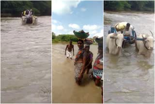 people to cross over flowing river with high risk