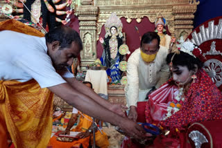 Kumari Puja on Mahanabami in Bankura Byaparihat Sarbojonin Durga Puja