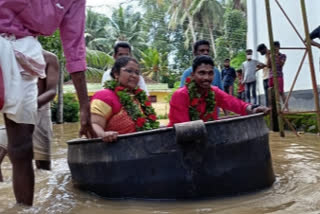 Kerala couple arrives in big bronze cooking vessel for marriage