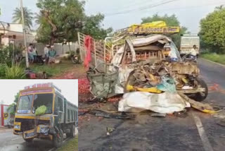accident  road accident  erode accident  tipper truck and vegetable lorry accident  erode news  erode latest news  விபத்து  லாரி விபத்து  ஈரோடி லாரி விபத்து  சாலை விபத்து  டிப்பர் லாரியும் மினி லாரியும் நேருக்கு நேர் மோதி விபத்து  ஈரோடு செய்திகள்