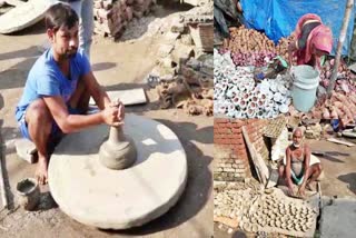 Potters engaged in making earthen lamps on Diwali in Saran