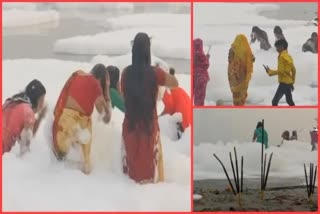 people take dip in yamuna river in delhi on the first day of chhath puja in the midst of toxic foam