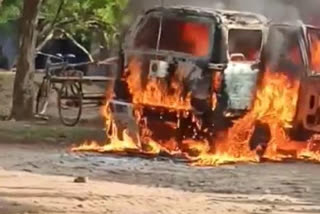 Fire in car parked in parking lot in nawada