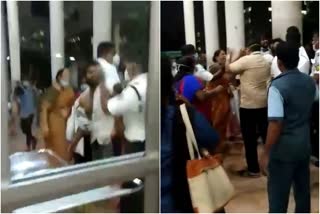 THIRUVANANTHAPURAM MEDICAL COLLEGE  SECURITY GUARDS THRASH BYSTANDERS  SECURITY GUARDS ATTACKED WOMEN  THIRUVANANTHAPURAM LATEST NEWS  THIRUVANANTHAPURAM NEWS  സെക്യൂരിറ്റി ജീവനക്കാര്‍ കൂട്ടിരിപ്പുകാരെ മര്‍ദിക്കുന്നു  തിരുവനന്തപുരം മെഡിക്കല്‍ കോളജ്  സെക്യൂരിറ്റി ജീവനക്കാര്‍ വനിതയെ മർദിച്ച ദൃശ്യങ്ങൾ