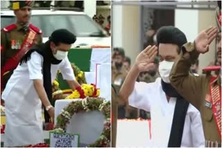 Floral tributes to general Rawat and others  cm mk stalin paid tributes  coonoor helicopter crash details  റാവത്തിനും സൈനികര്‍ക്കും യാത്രാമൊഴി  പുഷ്‌പാര്‍ച്ചന നടത്തി മുഖ്യമന്ത്രി സ്‌റ്റാലിനും മറ്റ്‌ പ്രമുഖരും  ബിപിൻ റാവത്തിന്‌ ആദരാഞ്ജലികള്‍