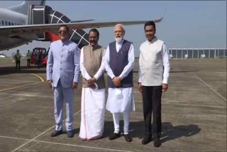 PM Narendra Modi arrives at Panaji airport; Goa CM Pramod Sawant receives him