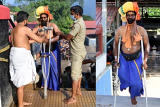 andhra native came sabarimala by walking  differently abled pilgrim in sabarimala  sabarimala pilgrimage  ശബരിമലയിൽ നടന്നെത്തി ആന്ധ്രാപ്രദേശ് സ്വദേശി  ശബരിമലയിൽ ഭിന്നശേഷിയുള്ള തീർഥാടകൻ  ശബരിമല തീർഥാടനം