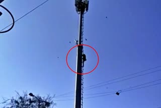 man climbed mobile tower  man climbed mobile tower in Indor  Madhya Pradesh crime news  ಮೊಬೈಲ್​ ಟವರ್​ ಹತ್ತಿದ ಯುವಕ  ಇಂದೋರ್​ನಲ್ಲಿ ಮೊಬೈಲ್​ ಟವರ್​ ಹತ್ತಿದ ಯುವಕ  ಮಧ್ಯಪ್ರದೇಶ ಅಪರಾಧ ಸುದ್ದಿ