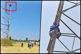 man climbs high tension electric tower in Tumkur