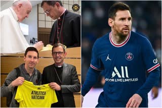 Pope Francis Gifts PSG Star Lionel Messi Signed jersey  Pope Francis  Lionel Messi  ഫ്രാന്‍സിസ് മാര്‍പാപ്പ  ലയണല്‍ മെസി  കൊവിഡ് മുക്തനായ മെസിക്ക് മാര്‍പാപ്പയുടെ സമ്മാനം  അത്ലറ്റിക്ക വത്തിക്കാനയുടെ ജേഴ്‌സി മെസി മാര്‍പാപ്പ