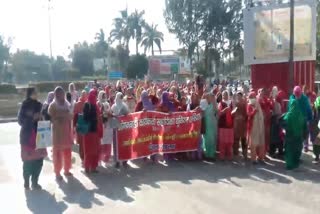 Anganwadi workers protest in Rohtak