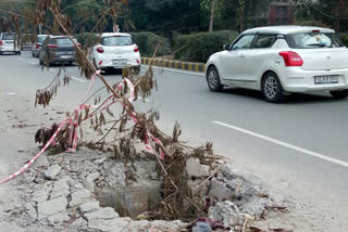 Potholes on road of dwarka of delhi