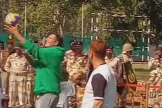 Actor Akshay Kumar plays volleyball with the jawans of the ITBP