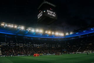 German club Eintracht Frankfurt lights up its stadium in Ukraine colours