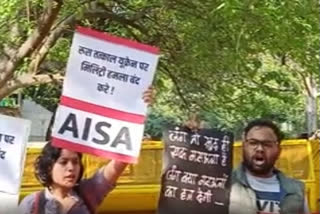 AISA students gathered at Jantar Mantar in New Delhi on Wednesday and raised slogans against the Russian invasion of Ukraine