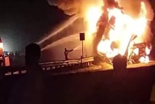 Fire broke out after a collision between tanker and container