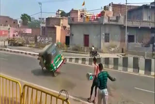 In a viral video, a speeding auto in Baghpat is seen overturning
