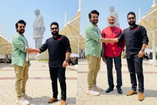 RRR team at statue of unity  സ്‌റ്റാച്യു ഓഫ്‌ യൂണിറ്റിക്ക്‌ മുന്നിലെ ആദ്യ പ്രമോഷന്‍  RRR promotions  Ram Charan NTR Rajamouli at statue of unity