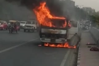 truck catches fire at railway over bridge in delhi