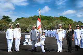 President of India presents presidents colour to INS Valsura