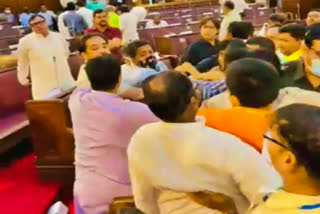 Pandemonium in West Bengal Assembly  Suvendu Adhikar, including five MLAs suspended  Suvendu Adhikar suspended  പശ്ചിമ ബംഗാള്‍ നിയമസഭയില്‍ ബിജെപി തൃണമൂല്‍ കോണ്‍ഗ്രസ് എംഎല്‍എമാര്‍ തമ്മില്‍ കയ്യാങ്കളി  ബിര്‍ഭൂം കൂട്ടക്കൊല  ബിജെപി ടിഎംസി വാക്കേറ്റം