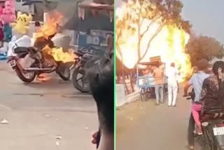 Royal Enfield Catches Fire And Explodes  ക്ഷേത്രത്തിന് മുന്‍പില്‍ പാര്‍ക്ക് ചെയ്‌ത ഇരുചക്രവാഹനം തീപിടിച്ച് പൊട്ടിത്തെറിച്ചു  ആന്ധ്രാപ്രദേശിലെ അനന്തപൂരില്‍ ഇരുചക്രവാഹനത്തിന് തീപിടിച്ച് പൊട്ടിത്തൊറിച്ചു  A bullet suddenly caught fire at Kasapuram  ആന്ധ്രാപ്രദേശ് ഇന്നത്തെ വാര്‍ത്ത  Andhra pradesh todays news