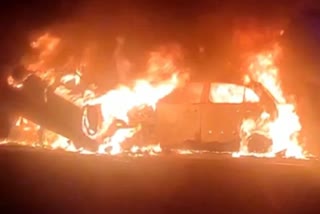 fire broke out after two cars collided in jhalawar