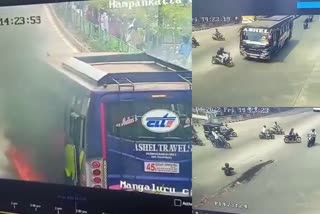 Mangalore vehicles caught fire in a collision between a bus and a bike  CCTV Video of bus and bike collision  Hampankatta bus and bike collision both vehicles caught fire  മംഗളൂരു ബസും ബൈക്കും കൂട്ടിയിടിച്ച് അപകടം  ബസും ബൈക്കും കൂട്ടിയിടിച്ചുണ്ടായ അപകടത്തിൽ തീപിടിത്തം  ബസും ബൈക്കും കൂട്ടിയിടിച്ച് അപകടം രണ്ട് വാഹനങ്ങളും കത്തിനശിച്ചു  bus and bike accident Mangalore  ഹമ്പൻകട്ട റോഡ് അപകടം