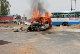 Car caught fire after truck collision