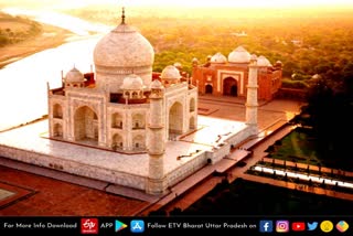 helicopter tourism  tajamahal  up tourism news  AGRA latest news  etv bharat up news  ताजमहल का हवाई दीदार  ताज के हवाई दीदार  PM ने 3 साल पहले किया था शिलान्‍यास  CM Yogi Adityanath  view of the Taj Mahal  Taj Mahal became a challenge  strictness of CM Yogi Adityanath  यूपी सरकार की मंशा