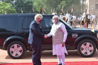 PM Narendra Modi and British PM Boris Johnson meet at Hyderabad House in Delhi