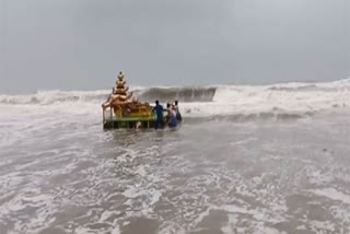 The mysterious chariot washed ashore at Sunnapalli coast on Tuesday evening. The structure resembles the shape of a monastery