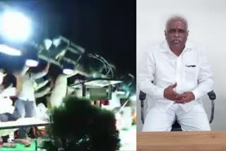 karnataka Lighting trace rolled onto the platform  Lighting trace rolled onto the stage video  Lighting trace rolled onto the stage were BJPs Eranna Kadadi luckily escaped unhurt  light stand fell onto the stage in Belgaum  ബെൽഗാം ലൈറ്റ് സ്‌റ്റാൻഡ് വേദിയിലേക്ക് വീണു  ലൈറ്റിങ് ട്രെയിസ് തറയിൽ പതിച്ചു  ചുനമ്മ ദേവി മേള ഏറണ്ണ കടാടി  രാജാപൂർ ചുനമ്മ ദേവി മേള അപകടം  BJPs Eranna Kadadi light accident