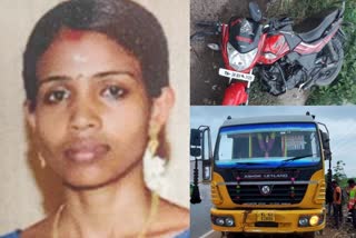 bike collided with lorry one died in Palakkad  Palakkad bike lorry accident one died  ദമ്പതികൾ സഞ്ചരിച്ച ബൈക്കിൽ ലോറിയിടിച്ചു  പാലക്കാട് ബൈക്ക് ലോറി അപകടം  വാളയാർ വടക്കഞ്ചേരി ദേശീതപാത അപകടം  ബൈക്കിൽ ലോറിയിടിച്ച് വീട്ടമ്മ മരിച്ചു